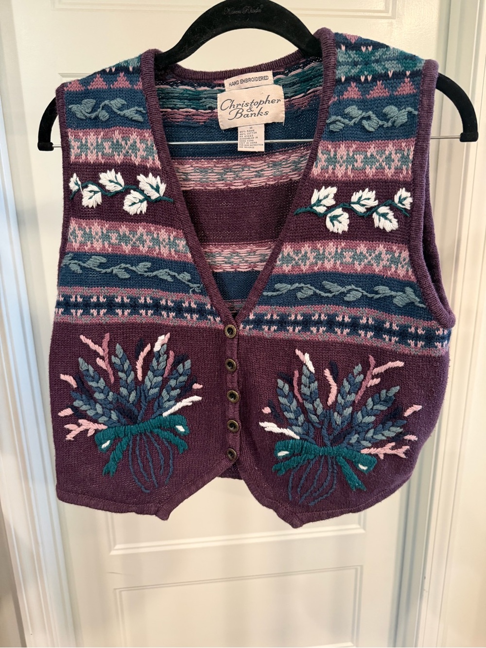 Christopher & Banks Plum Hand Embroidered Knit V‑Neck Sweater Vest